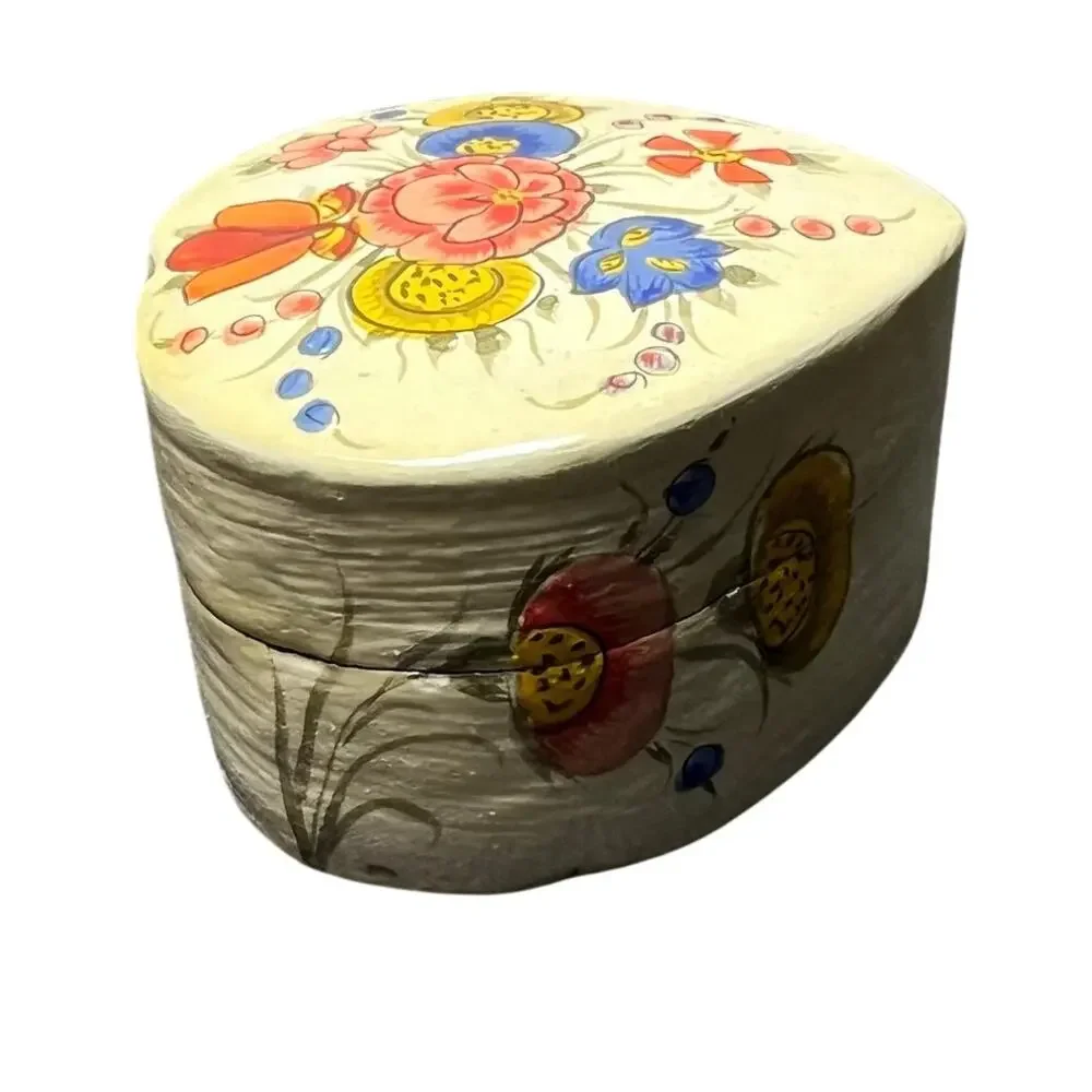 Vintage Heart Shaped Floral Trinket Box Hand Painted Folk Art Style